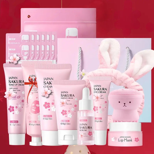 10-Piece Sakura Skin Care Kit – All Skin Types, Day & Night Care, Gentle Cleansing & Moisturizing Cream,