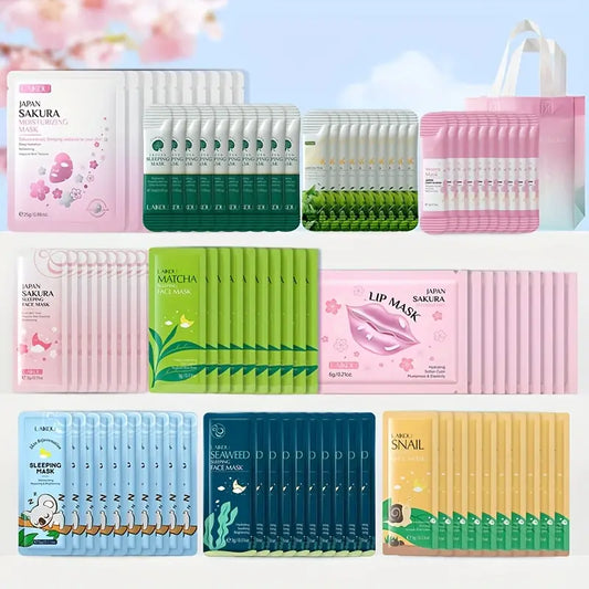 100pcs Hypoallergenic Face Mask Set | Unisex Moisturizing Sheet Masks for Combination Skin | 10 Types: Sakura, Green Tea, Matcha & More