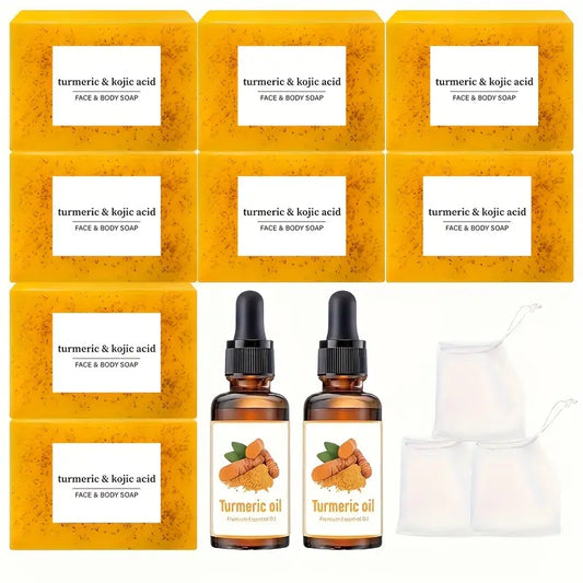 10pcs Turmeric Set - Includes 8pcs 100g Turmeric Curd Acid Granule Soap for Deep Cleansing & Moisturizing, Turmeric Lemon Soap, 2pcs 1.01oz Turmeric Essence for Hair & Scalp Care, Plus 3 Bonus Bubble Nets