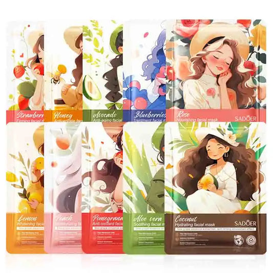 10PCS SADOER Fruit Face Masks – Hydrating, Brightening & Firming Skincare