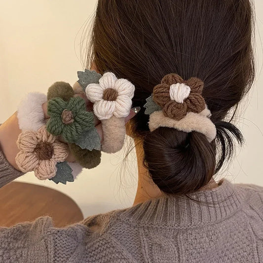 Korean Cute Plush Flower Hairband – Elastic Scrunchies & Hair Ties for Women