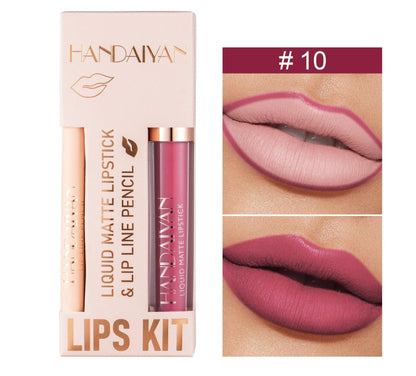 Handaiyan 2Pcs Matte Lip Liner & Lip Stick Set - Velvety, Full Coverage, No-Smudge Wear