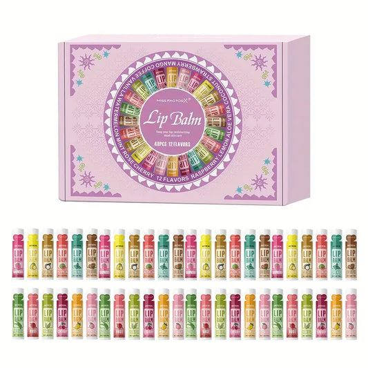 48pcs MISS FACTORX Lip Balm Gift Set - Hypoallergenic, Moisturizing Lip Butter with Glycerin, Unisex Lip Care for All Skin Types