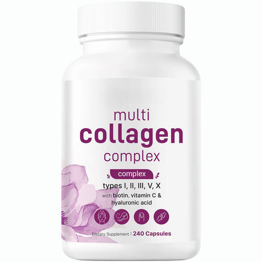 Multi Collagen Complex Pills - Type I, II, III, V, X with Hyaluronic Acid, Biotin & Vitamin C (240 Capsules)